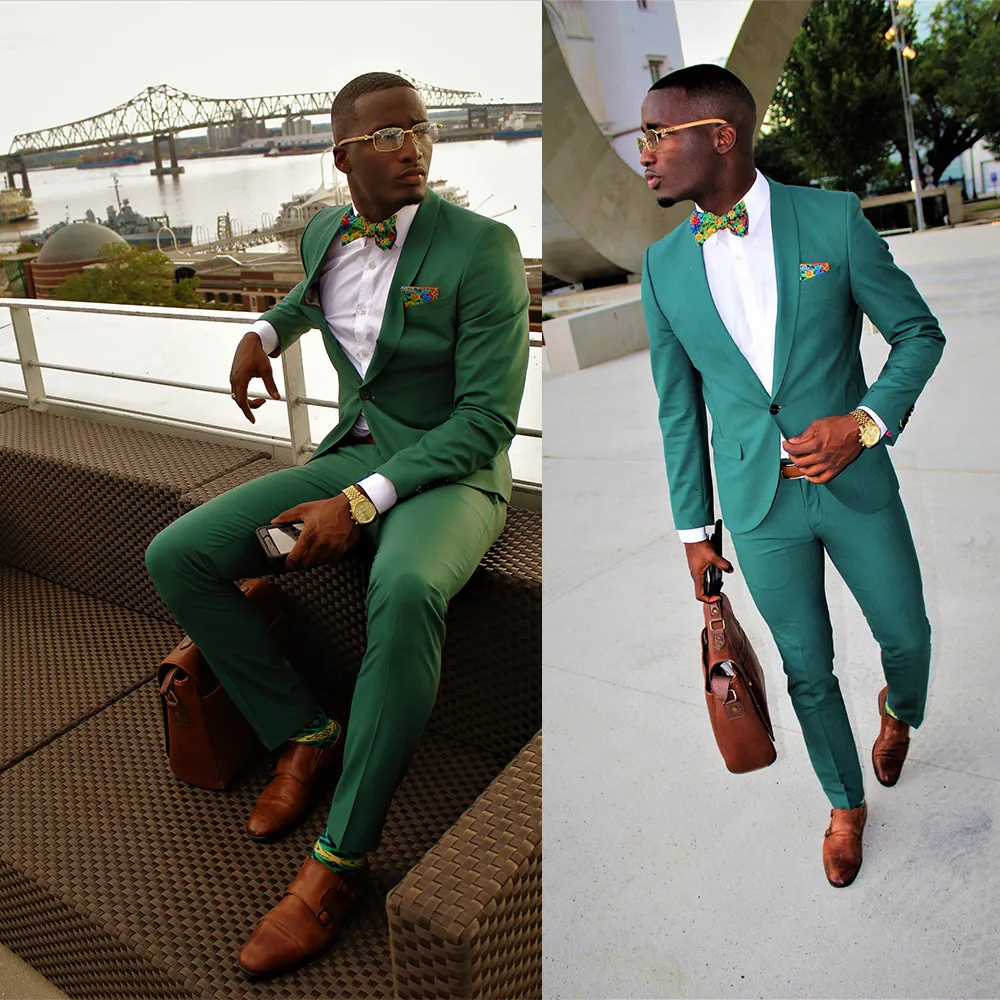 Två-stycken Casual Green Single Breasted Men Passar Slim Fit Groom Bröllopsklänning Mäns kostym