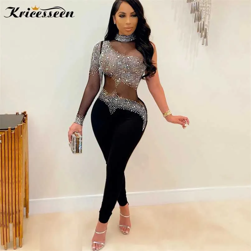 Kricesseen Sexy Czarny Kryształ Diament Skinny Long Pant Pants Women One Sleeve See przez Romper Clubwear Stroje fitness 211119