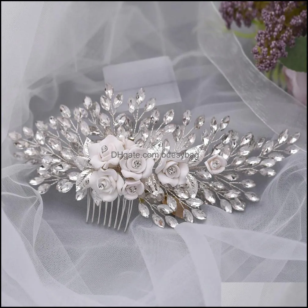 Soft Clay Flower Rhinestone Bride Headwear Comb Wedding Hair Accessories Girl Prom Party Hair Ornaments Handmad Tiara