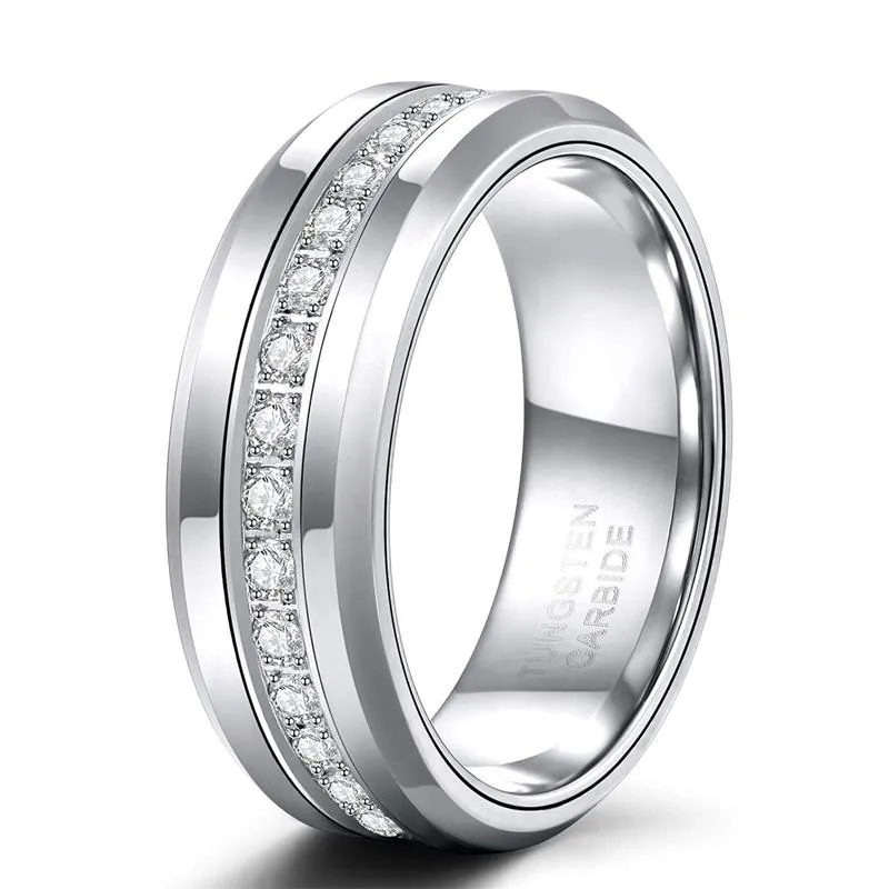 Alianças de casamento masculinas de 8 mm com bandas de tungstênio com zircônia cúbica anel da moda eterno unissex incrustado alto polonês tamanho 7-13