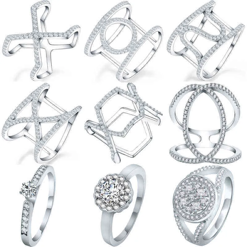 Zemo Real 925 Sliver Pierścienie Kobiety Wedding Moda Kryształ CZ Pierścień Nieregularne Pierścienie Kształt Specjalne Pierścionki Design Girls Biżuteria Prezent G1125
