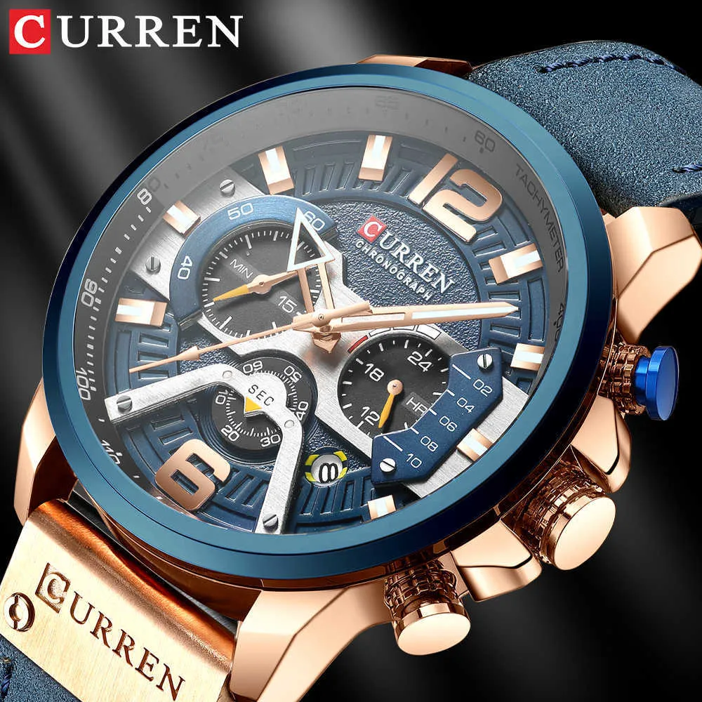 Montre-bracelet Mens Curren Top Marque De Luxe Montre De Sport Hommes Mode Cuir Chronographe Montres avec Date pour Hommes Mâle Horloge Q0524