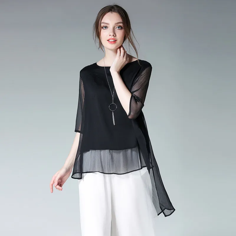 6555# Jry New New Summer Women 's Blouses European Fashion Half Sleeve Solice Loose Irregular Chiffon Blouse for Lady Black/White Size XL-4XL