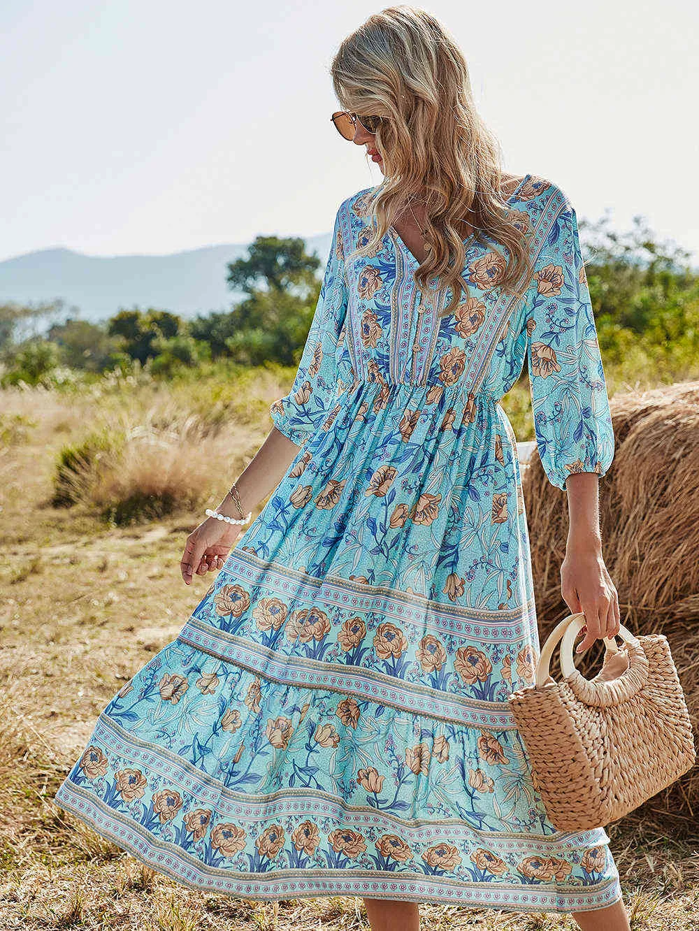 Medium Long Boho Dress Women Summer Beach Floral Print Dresses Three Quarter Sleeve Ladies Party Midi Vestido V Neck Work 210625