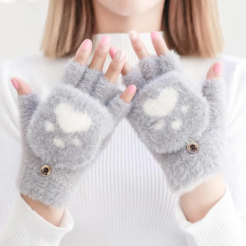 Fem fingrar handskar vinter varm mjuk päls stickning vantar kvinnor flip halvfinger plysch tjock söt tecknad katt klo pekskärm körning i1