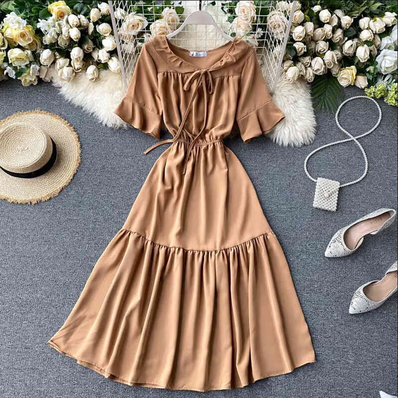 Słodkie Ruffles Midi Długie Letnie Party Dress Elegancka sukienka wysokiej talii Kobiety Vestido de Festa Casual Beach A-Line Dress 210521