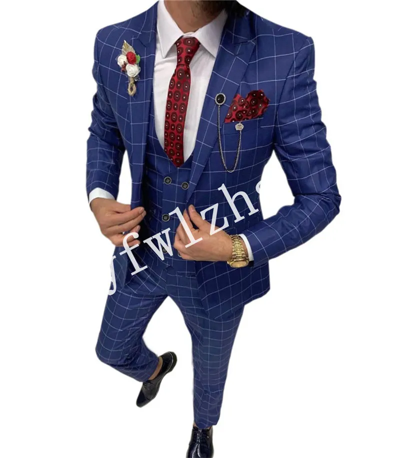 Przystojny Przycisk One Groomsmen Peak Lapel Groom Tuxedos Mężczyźni Garnitury Ślub / Prom / Dinner Man Blazer (Kurtka + Spodnie + Kamizelka + Kamizelka) W875