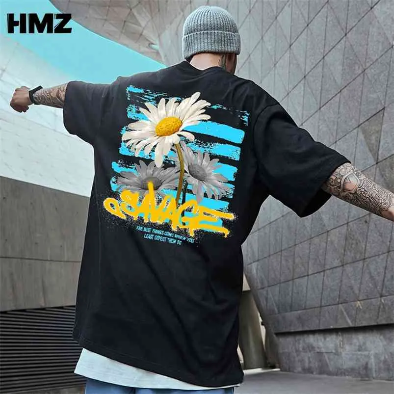 Hmz män streetwear tees blommor bomull t-shirts sommar mens hip hop hajuku t-tröjor manliga koreanska vintage överdimensionerade toppar 210706