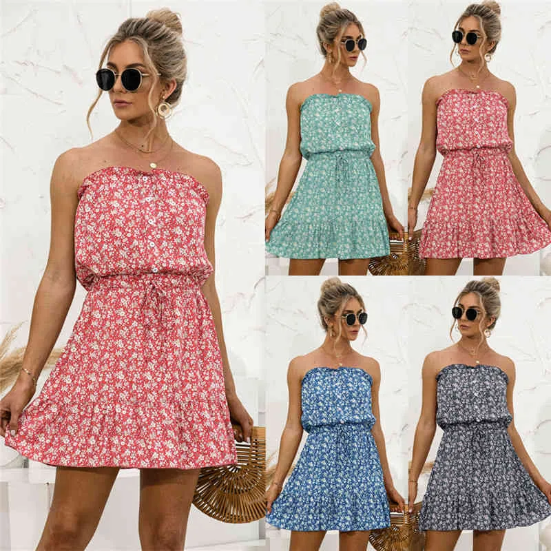 2021 Summer Sukienka Kobiety Sundress Beach Style Casual Boho Mini Dress Sexy Bez Ramiączek Beckless Floral Print A-Line Sukienka Vestidos X0521