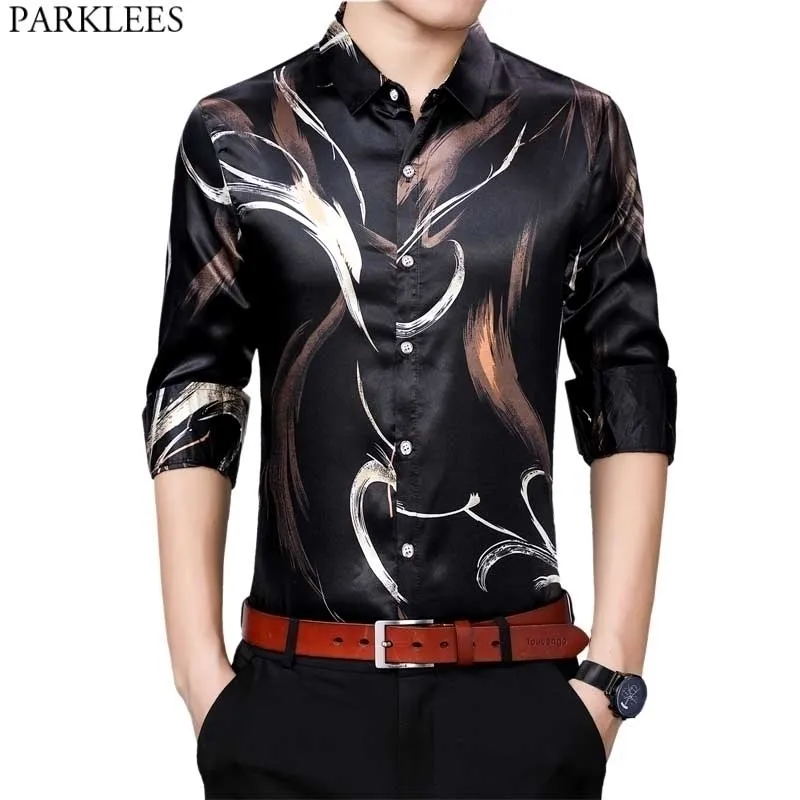 Men's Stylish Feather Print Satin Shirt Spring Slim Fit Long Sleeve Dress Shirt Men Casual Smooth Silk Lieke Chemise 4XL 210522