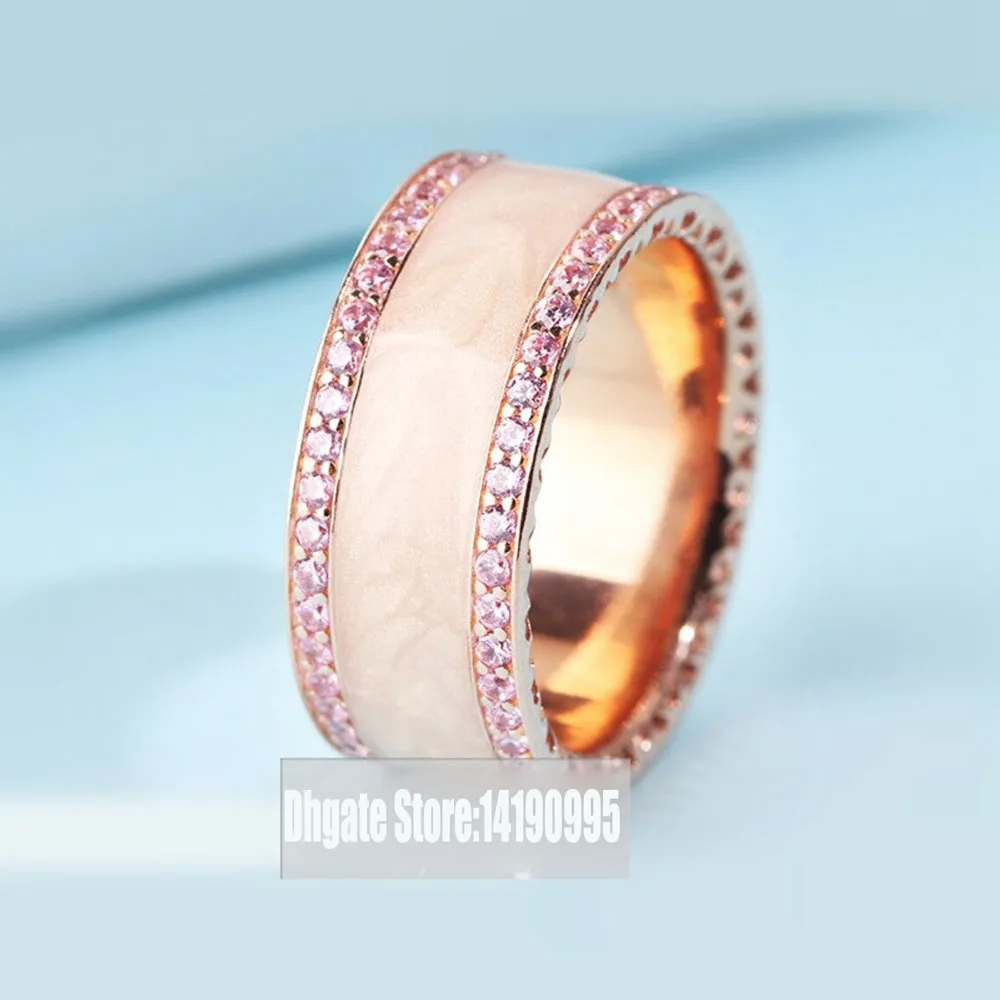 18ct Rose Gold Plated Cream Emalia Clear CZ Kamienie Pierścień Fit Pandora Urok Biżuteria Zaręczyny Wedding Lovers Pierścionek Moda
