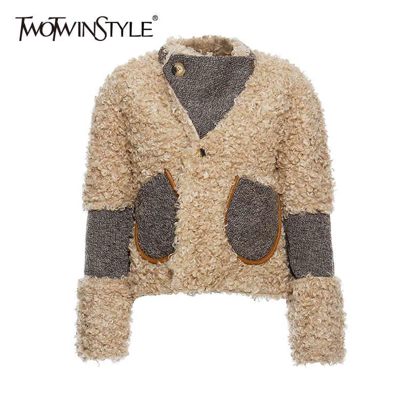 TWOTWINSTYLE Vintage Patchwork Lambswool Jacket For Women V Neck Long Sleeve Chic Casual Coat Female Fashion Clothing Winter 210517