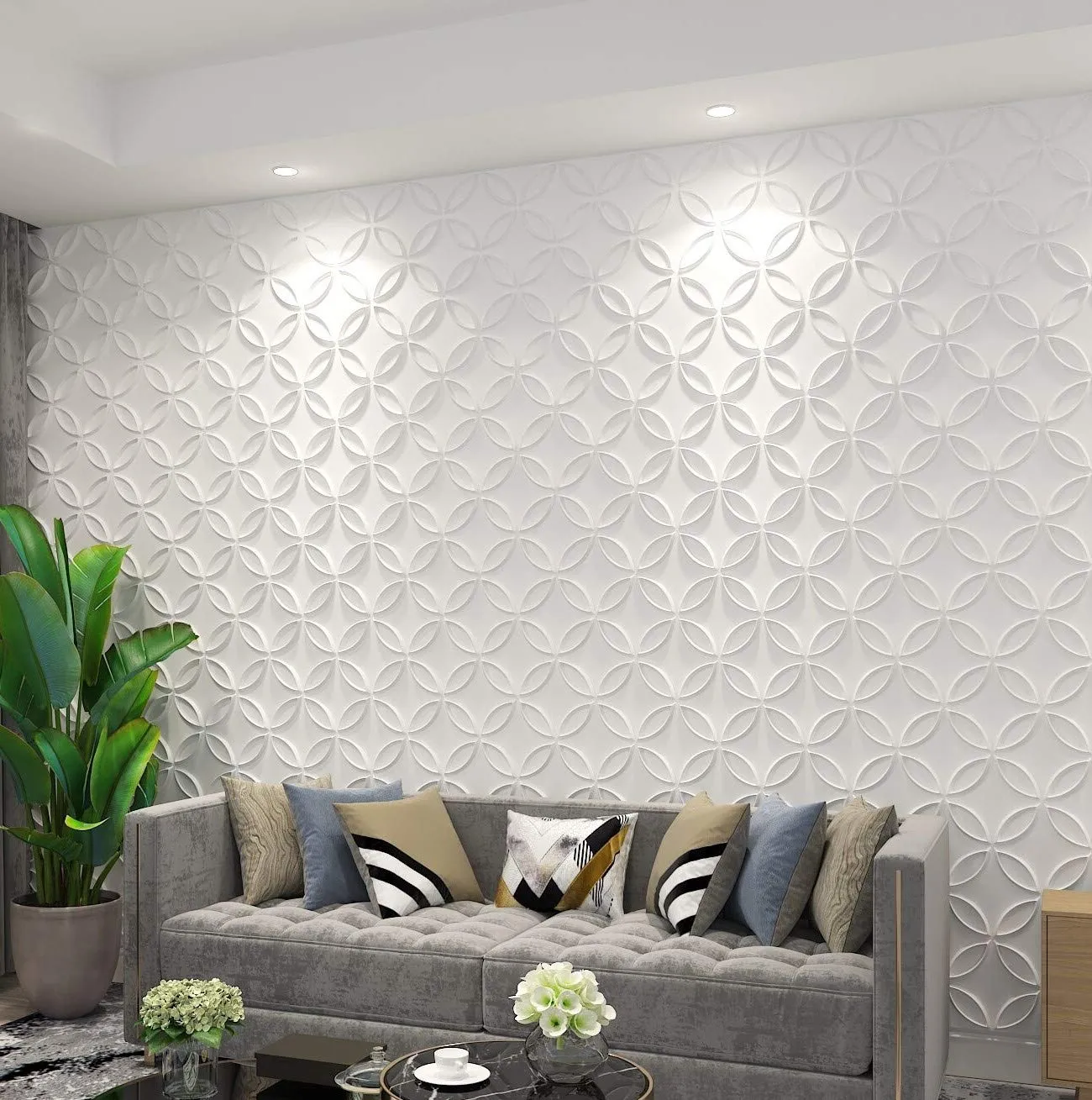 Art3d 50x50cm 3D Duvar Panelleri Ses Geçirmez Çıkartmalar Kilitli Daireler Beyaz İç Tavan ve Ev Dekorasyonu Konut veya Ticari (12 fayans)