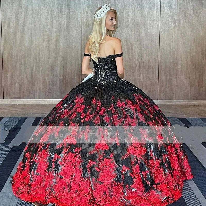 2022 Black Red Lace Quinceanera Dresses Gothic Off The Shoulder Ball Gowns Masquerade Corset Back Plus Size Prom Sweet 16 Dress Adult 2022 Black Red Lace Quinceanera Dresses Gothic Off The Shoulder Ball Gowns Masquerade Corset Back Plus Size Prom Sweet 16 Dress Adult