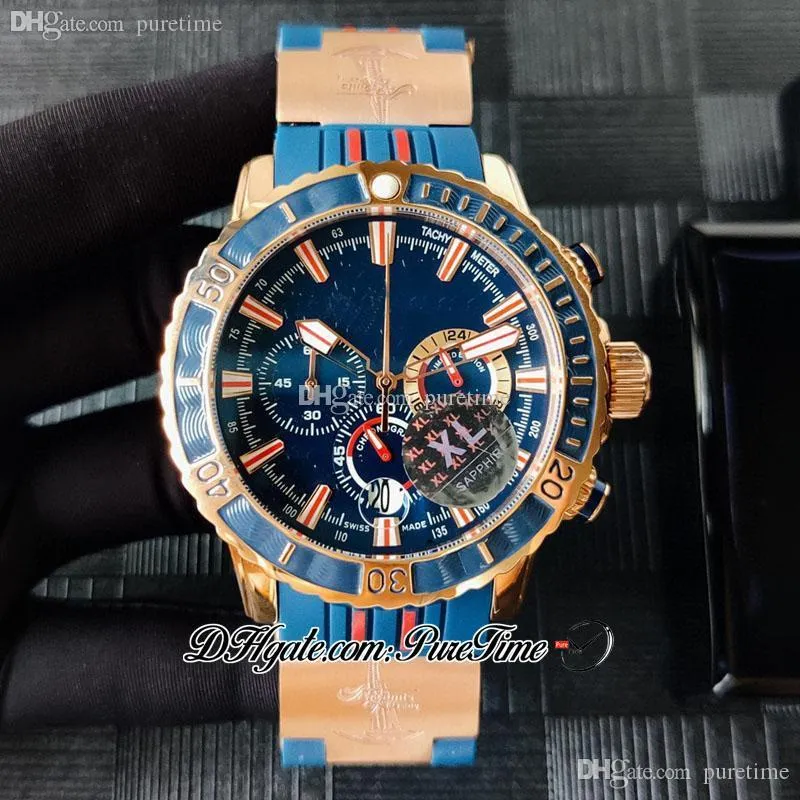 Diver 1502-151LE-3/9-HAMMER Miyota Quartz Chronograph Mens Watch Rose Gold Blue Red Shark Dial Rubber Strap With Pattern Puretime PTUN 2021 Stopwatch Watches F024e5