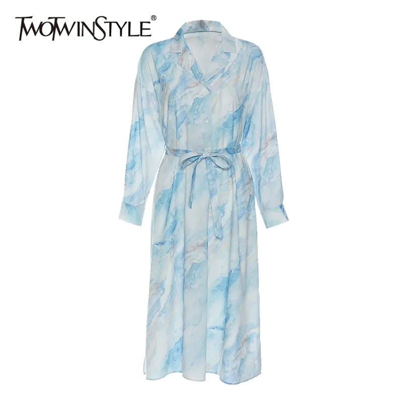 Drukowanie Tie Dye Dress Dla Kobiet Lapel Z Długim Rękawem Wysoka talia Lace Up Bowknot Chic Sukienki Kobiet Moda 210520