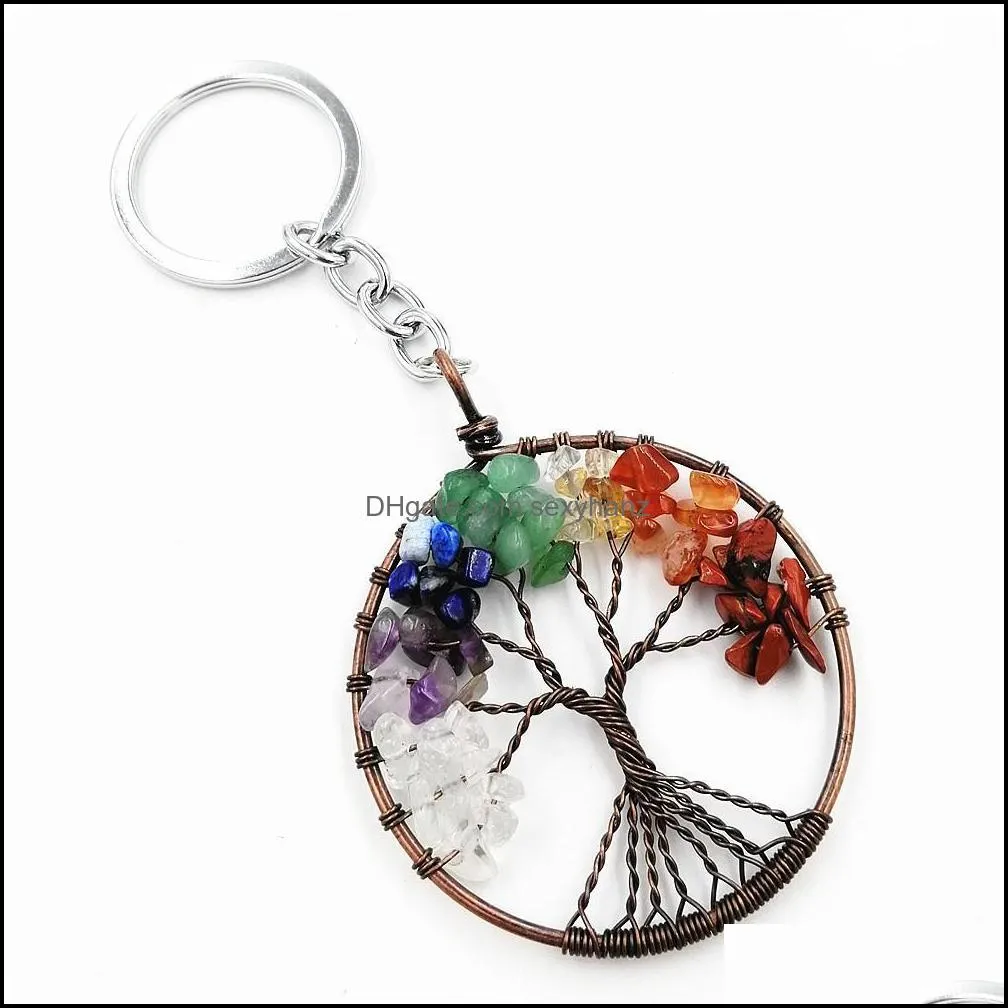 Crystal Stone Keyring Chain 7 Chakra Round Tree Of Life Pendant Handmade Keychain Key Ring Key Holder Car Bag Accessories GWB11888