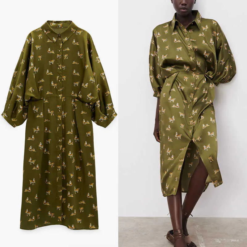 Za dier print shirt jurk vrouwen lange mouwen geplooid vintage midi feestjurken vrouwelijke chique front knop groen vestido 210602