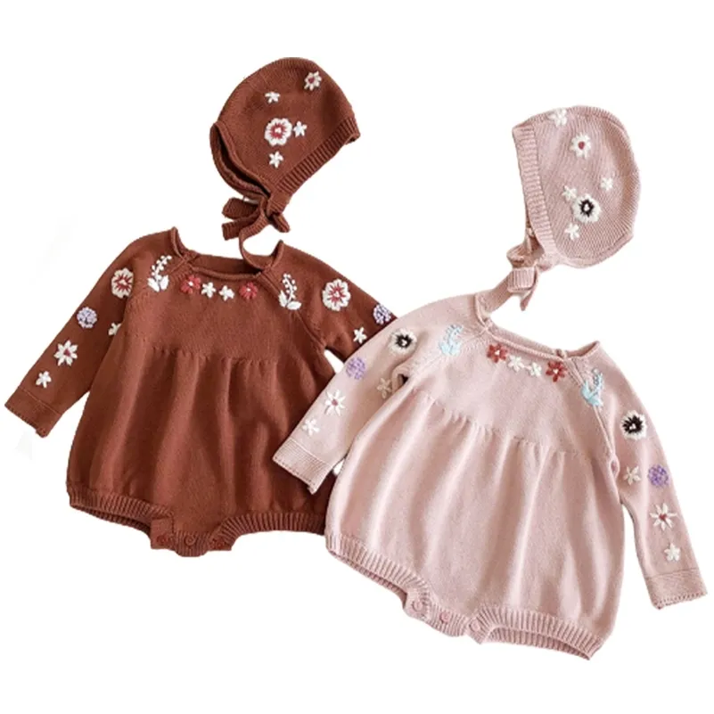 Bodysuit Handmade Embroidery Flower Jumpsuit Autumn Girls Clothes Baby Knitwear +Knit Hat 2Pcs Cotton Clothing 210417