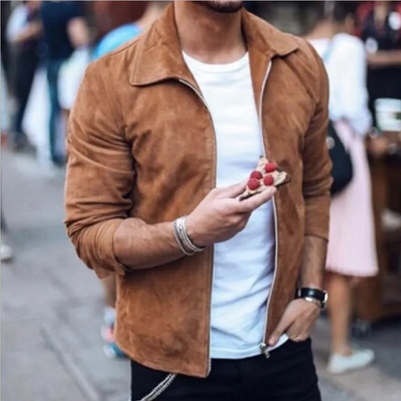 Men's Jackets Mens Clothing Fashion Suede Leather Jacket Slim Biker Motorcycle Coat Outwear Trendy Streetwear Men Bomber