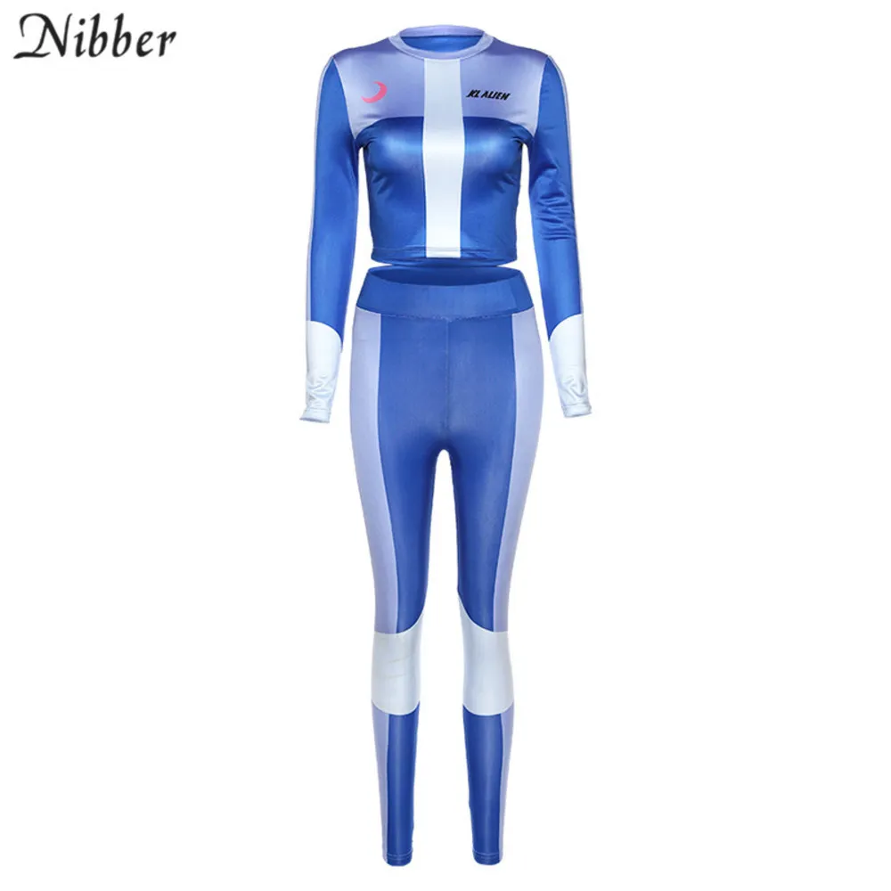 Nibber Spring Moda Elastic Slim Impressão Crop Tops Leggings Conjuntos das Mulheres 2020Fitness Casual Sportswear Tshirt 2Two-peça Ternos X0428