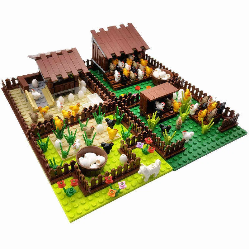 Creator Stadt Bauernhof Bausteine Tiere Set Schweinestall Hundehütte Hühnerstall Schwein Hund Spielzeug Für Kinder Landschaft Stadt Ziegel Modell Y1130