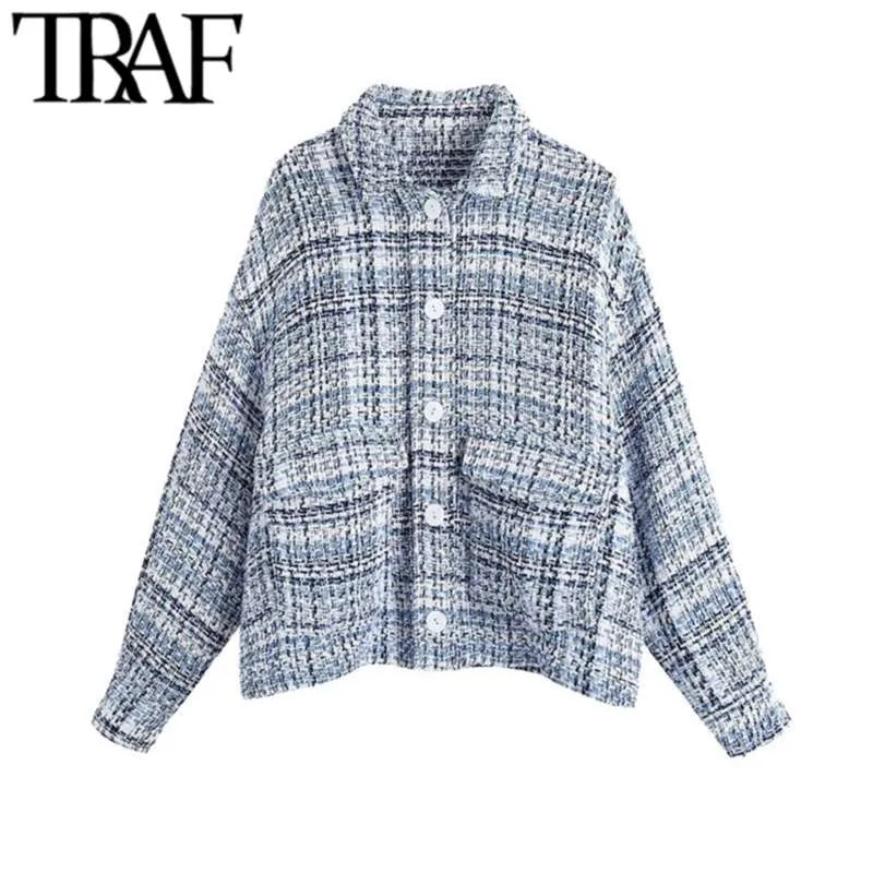 TRAF Women Fashion With Pocket Tweed Jacket Coat Vintage Long Sleeve Button-up Female Outerwear Chic Overshirt 210928