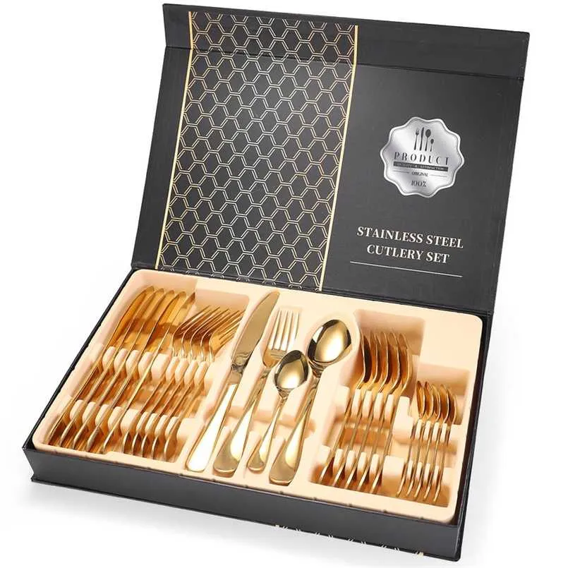 24Pcs/set Gold Cutlery Specular Light Stainless Steel Steak Knife Fork Coffee Spoon Teaspoon Upscale Home Restaurant Cutlery Set 211108
