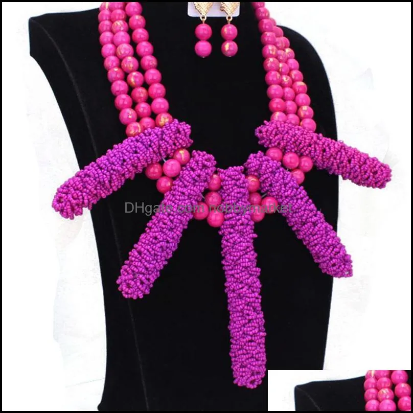 Earrings & Necklace Dudo Beads Jewelry Set African Purple Beaded Handmade Nature Stone Nigeria Jewellery