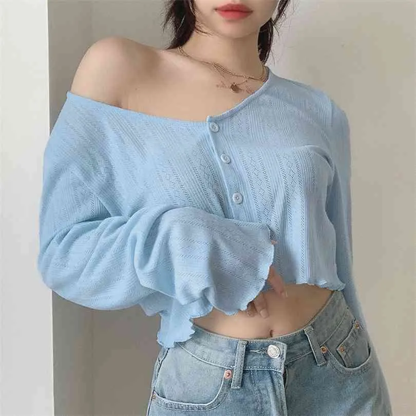 Koreanska stil Kvinnors stickade gröda toppar Solid Sexig V-Neck Kort Cardigan Mujer Loose Långärmad Tunn Sweater Woman Top Estetic 210922