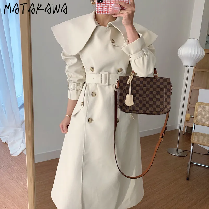 Matakawa élégant grand revers double boutonnage droit trench-coat pour femmes corée automne longue veste coupe-vent femmes 210513