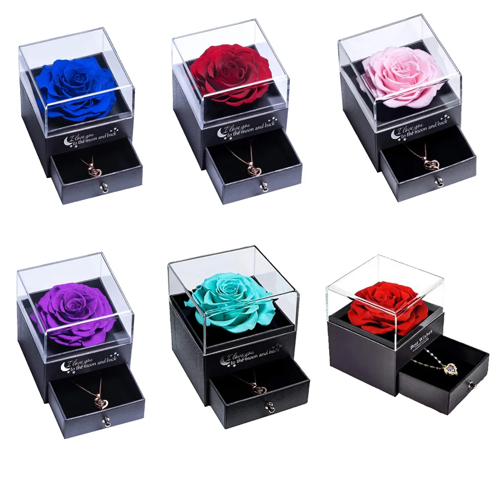 Valentine's Day Preserved Rose flowers with exquisite necklace souvenir Eternal Flower Jewelry True Rose Acrylic Drawer