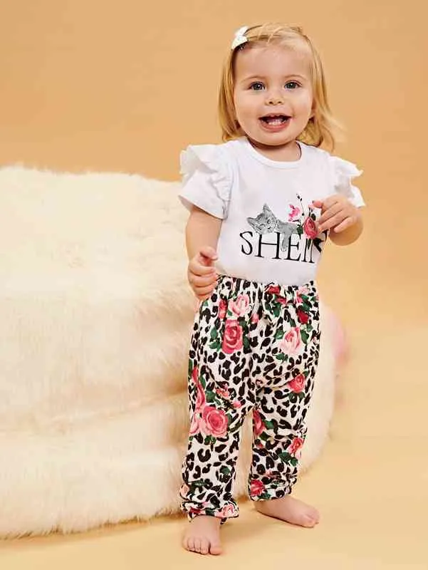 Bebê gato letra gráfico plissado guarnição bodysuit leopard imprimir calças ela