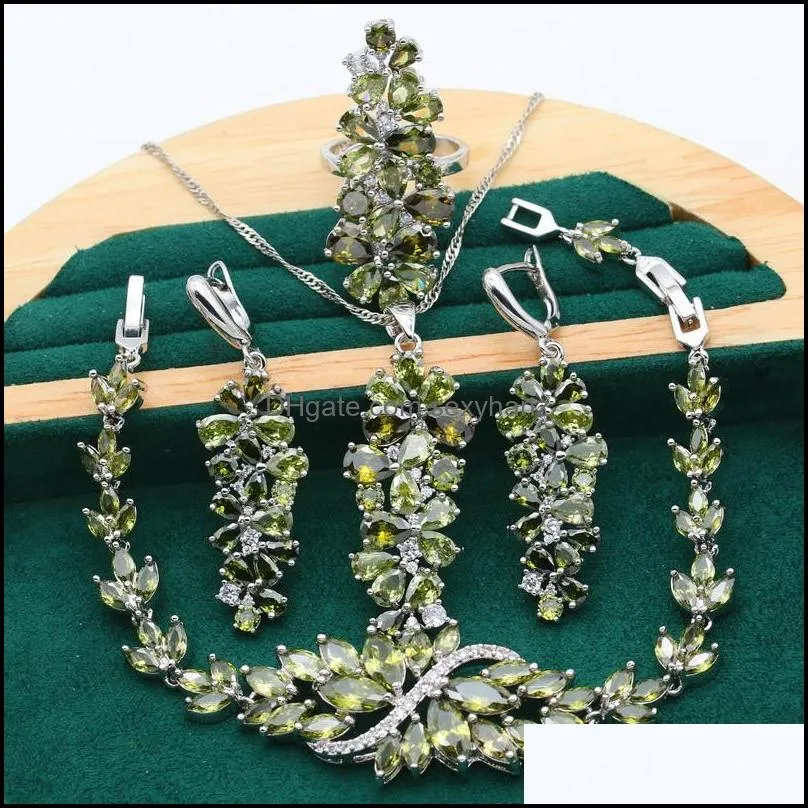 Orecchini Collana Set di gioielli Verde oliva Viola Topazio 925 Sier Set per le donne Bracciale Ciondolo Anello Regalo di compleanno 4 pezzi Consegna di goccia 2021