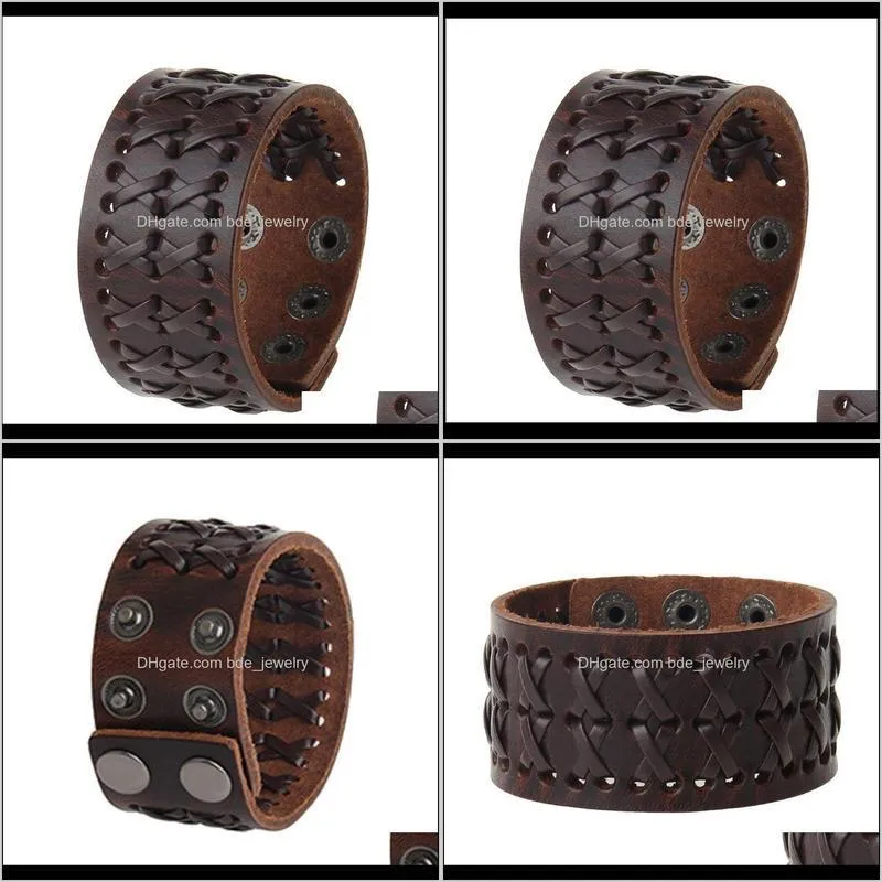 punk wide men`s brown leather rock bracelet adjustable wristband bracelet