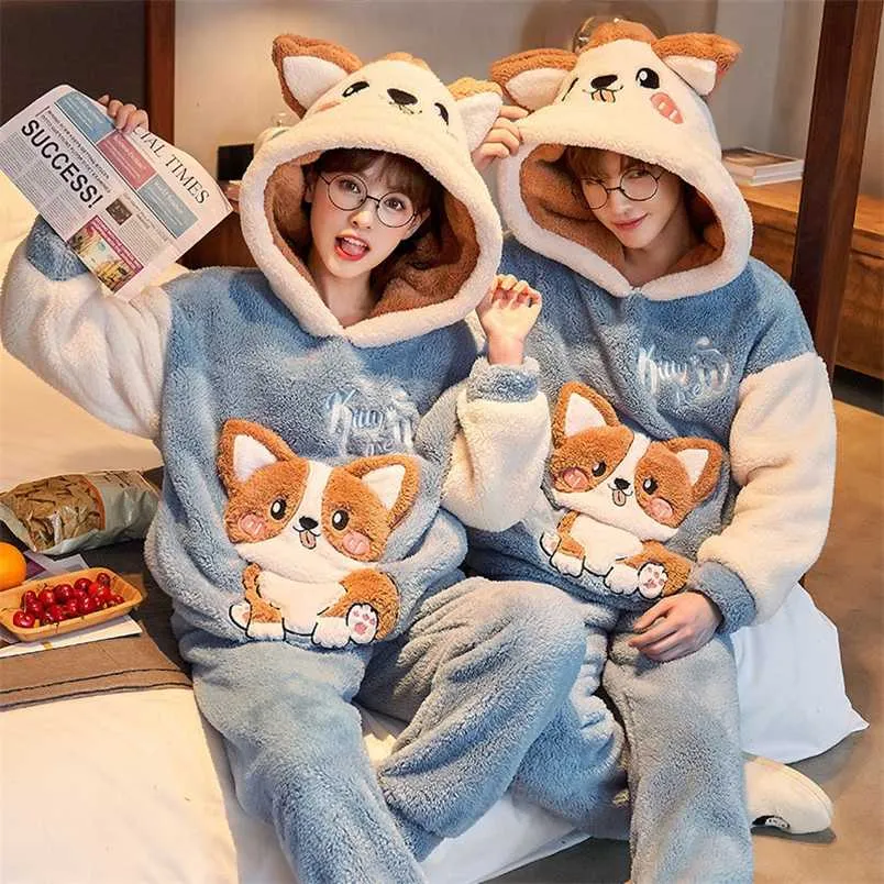 Couple d'hiver Pyjamas Ensembles femmes hommes épaississez la nuit de dessin animé chien animal amoureux coréen pyjamas vêtements de nuit à la maison porte à sweats à capuche chauds 211211