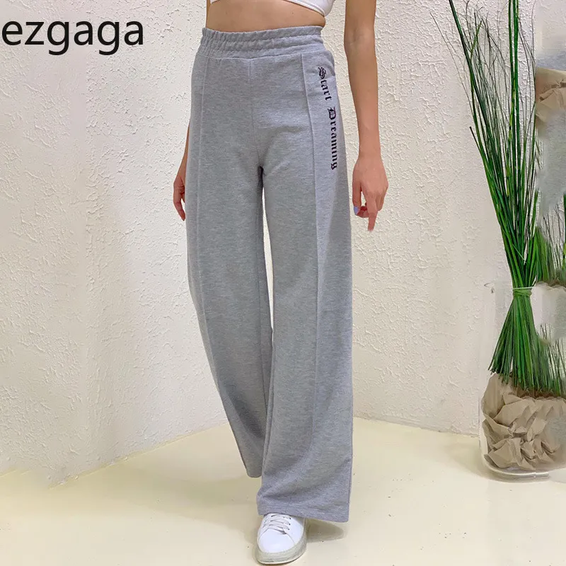 Pantaloni Ezgaga per donna Autunno Moda Baggies Lettera Stampata Vita alta Pantaloni sportivi Stretch Pantaloni gamba larga Grigio Streetwear 210430