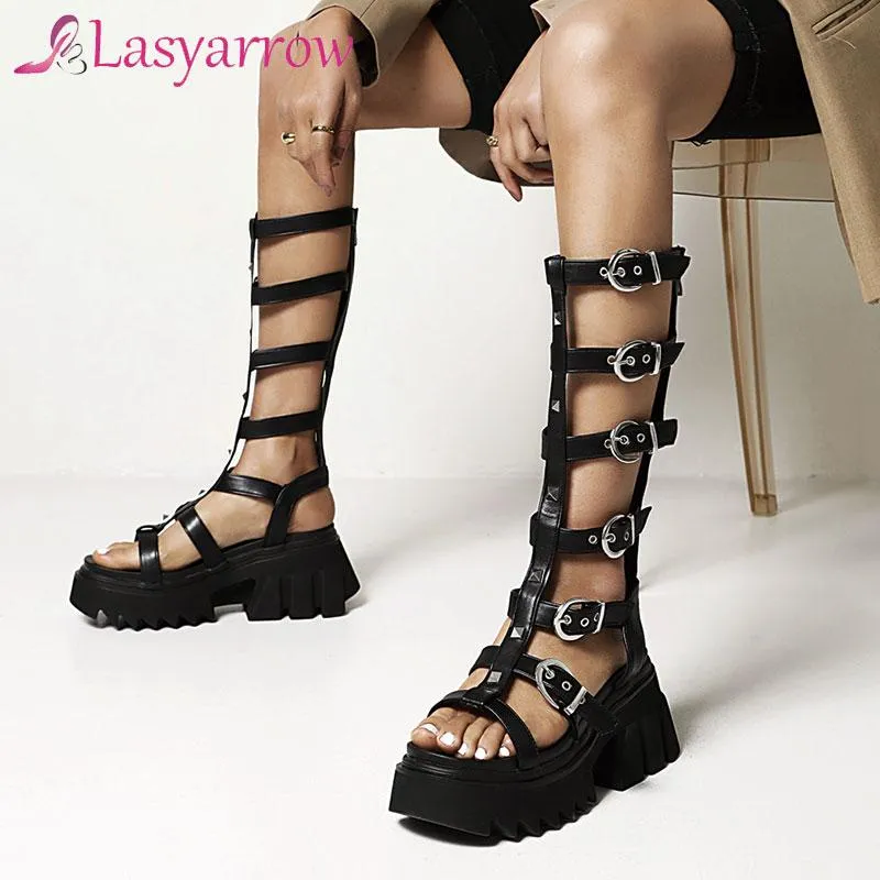 Lasyarrow 2021 Knee High Hallow Cut Out Female Gladiator Sandals Open Toe Casual Punk Platform Summer Shoes Women Dress