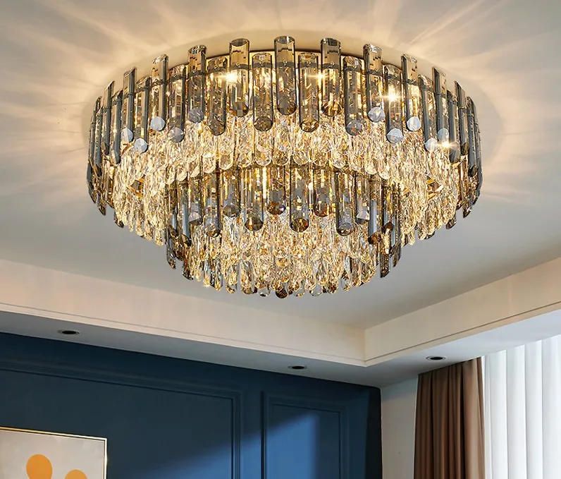 Ronde plafond kroonluchter voor woonkamer 2021 dubbele rook grijs kristal slaapkamer opknoping lamp tafel eetkamer indoor linghting