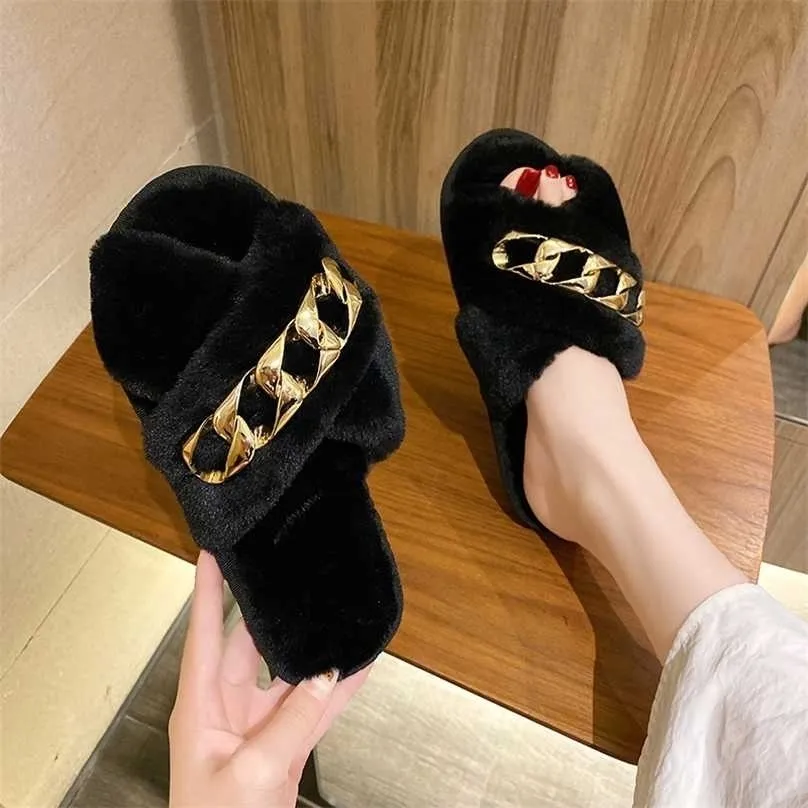 Indoor vrouwen bont slippers pluizig zachte harige dia's dikke flats hiel antislip huis schoenen dames luxe ketting ontwerp schoenen 211110