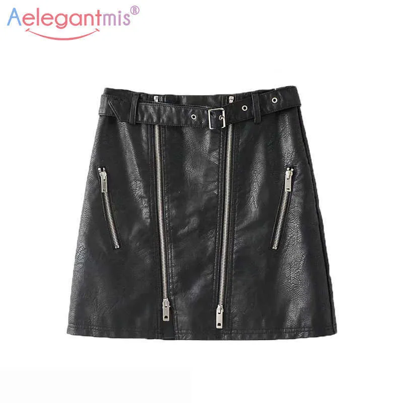 Aelegantmis Elegant Office Lady Black Mini Pu Leather Skirt with Belt Women Summer Zipper Short Ladies Casual A-line 210607