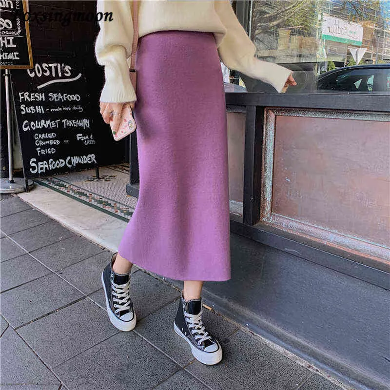 Womens High Elastic Waist Knitted Pencil Skirt Wool Autumn Split