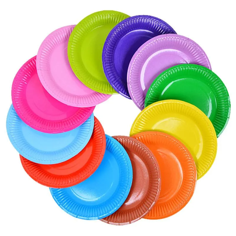 Одноразовая посуда 10pcs 7-дюймовые разноцветные дисковые тарелки торт бумажные кастрюля Diy украшения для детской вечеринки по случаю свадебной посуды для свадебной вечеринки
