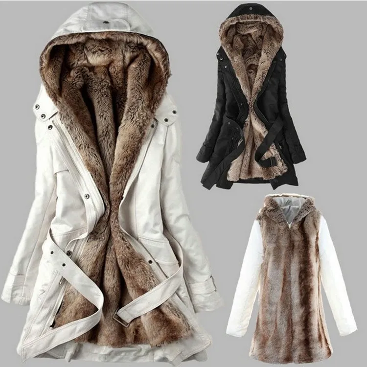 Winterjacke Frauen Fleece Long Coat Woll Liner warme Winter verdickende Baumwollkleidung Vestidos