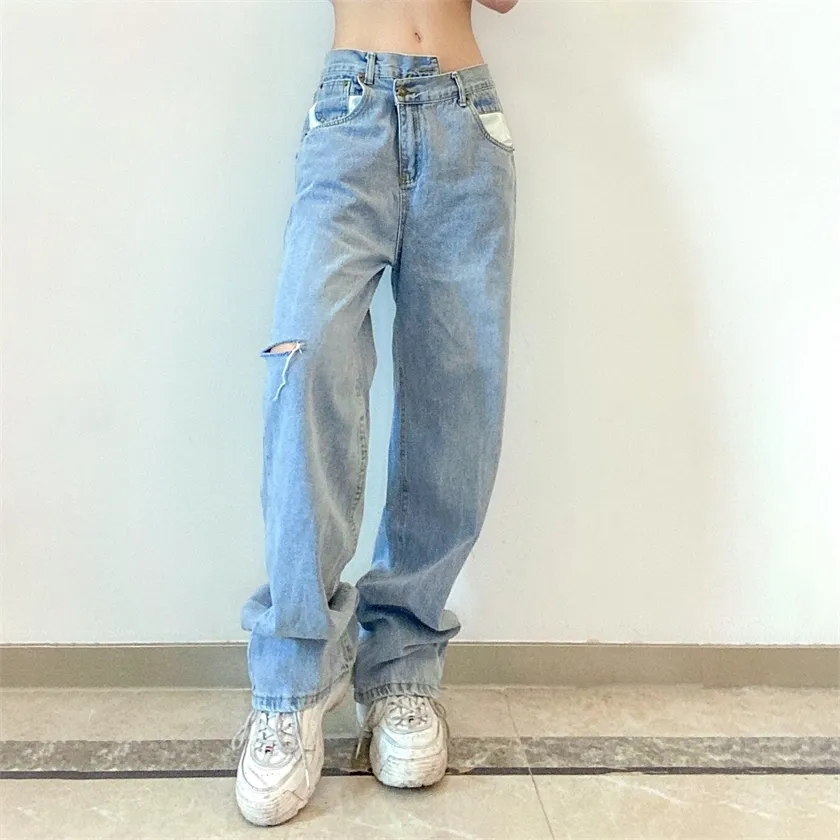 Outono moda feminina jeans largamente perna largura lacaio vintage roupas high street desgaste calças meninas cargas rasgadas para fêmea 220214