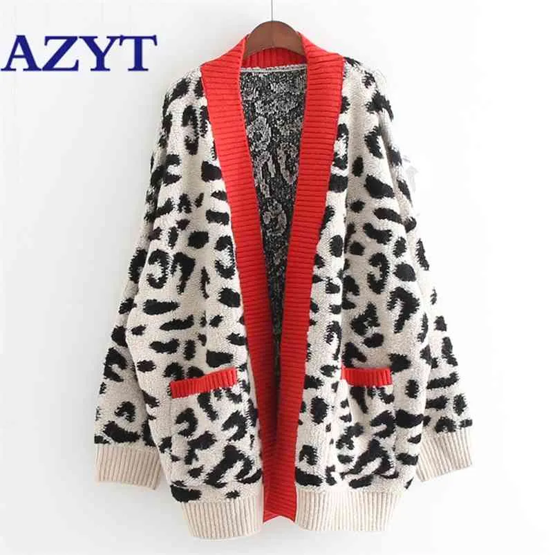 Open Stitch Leopard Casual Cardigans Women Fashion Long Sweater and Cardigans Red and Yellow Oversized Knit Jacket Out Coat 210812