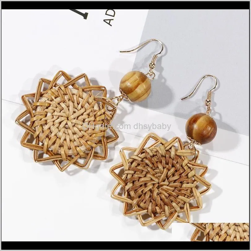 wooden straw weave rattan knit vine flowers earrings for women hollow flora african woman wooden pendant earrings brincos