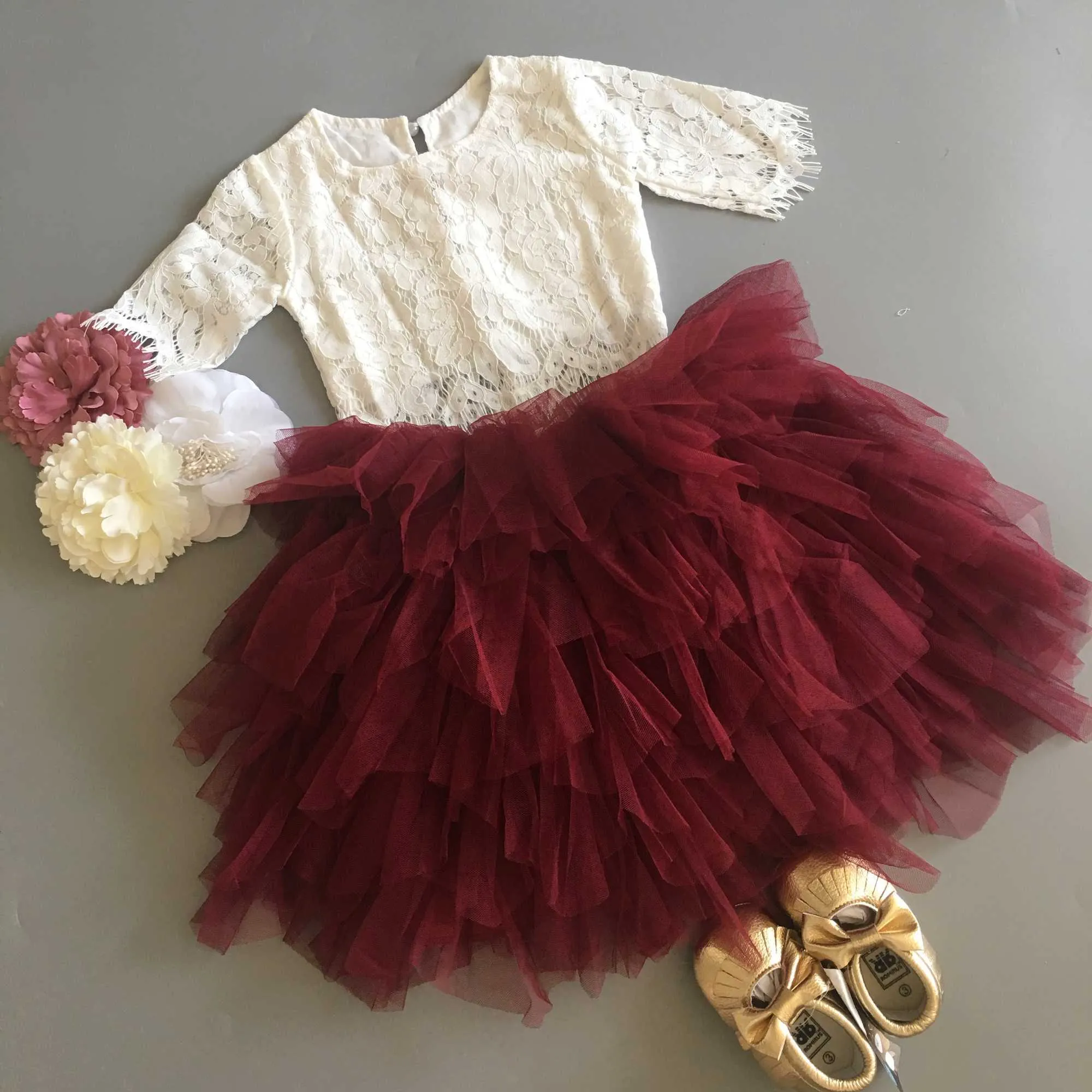 Dziewczynek Koronki Odzież Odzież Zestaw Dla Xmas Dzieci Petti Spódnica + Koszula Koronkowa Koszula Słodkie Kwiaty Toddler 2 sztuk Outfit Child Party Costume 210529