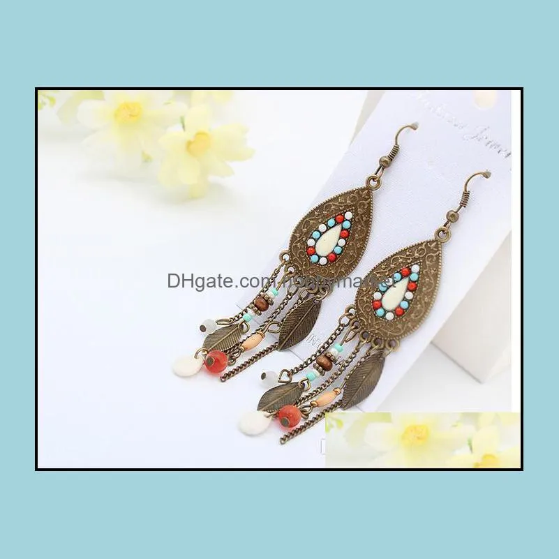 Retro ethnic style jewelry fashion oval leaf earrings exaggerated Indian rice beads long fringe earrings