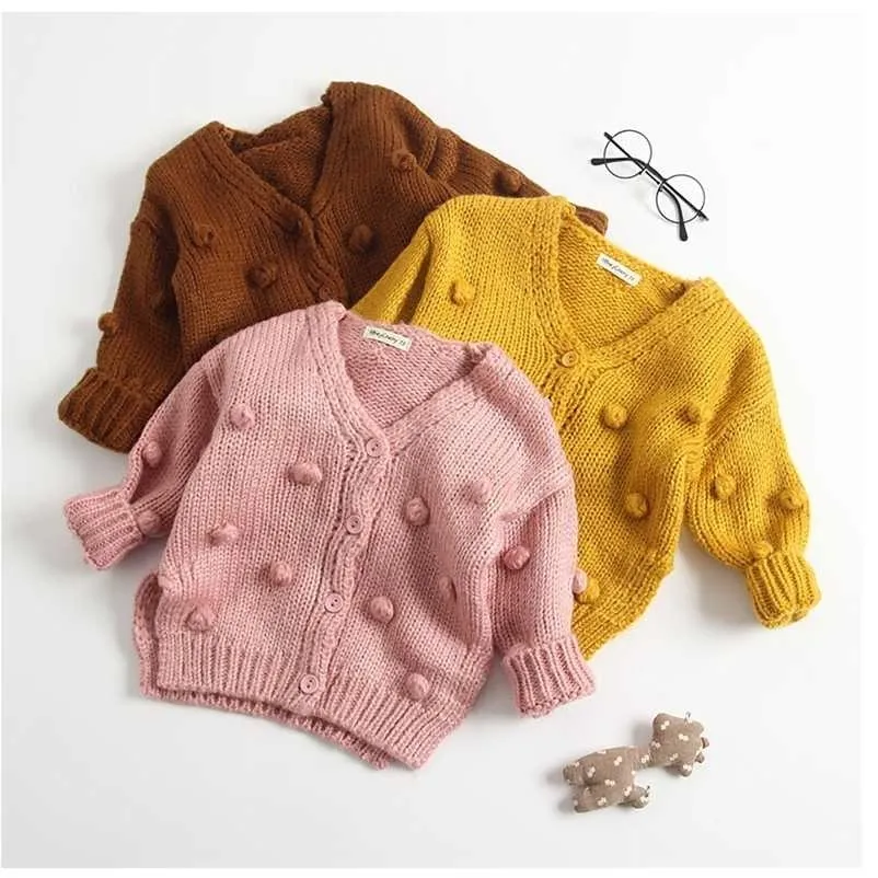 Girls Sweater Woolen Coat för 3D Pom Decor Cardigan A Autumn Winter Baby 211204